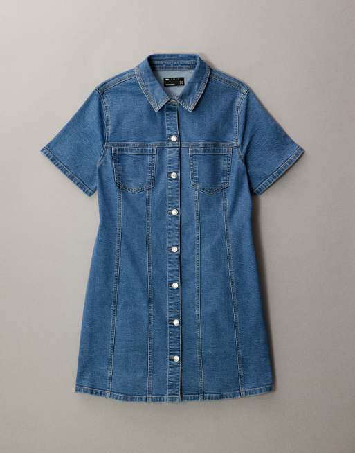 ASOS DESIGN Curve - Vestito camicia corto aderente in denim blu medio, 5 di 7