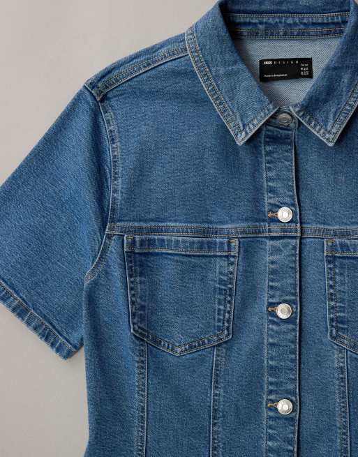 ASOS DESIGN Curve - Vestito camicia corto aderente in denim blu medio, 7 di 7