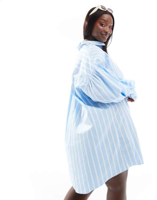 ASOS DESIGN Curve Vestito camicia corto boyfriend con maniche a campana azzurro e bianco a righe ASOS