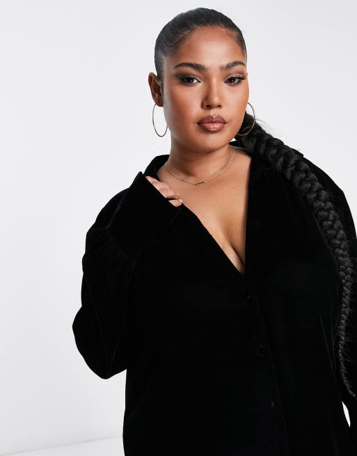 ASOS DESIGN Curve - Vestito camicia corto extra largo in velluto nero, 2 di 4