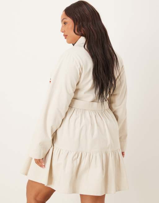 ASOS DESIGN Curve - Vestito camicia corto in twill color crema con zip e ricami, 3 di 4
