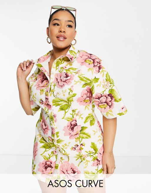 ASOS DESIGN Curve - Vestito camicia corto in twill con base bianca e stampa a fiori rosa