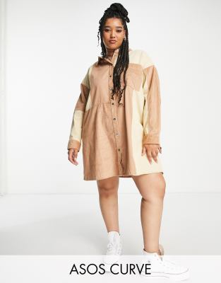 ASOS DESIGN Curve - Vestito camicia corto oversize in velluto a coste patchwork beige