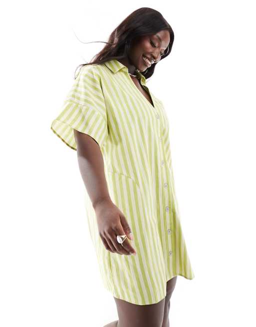 ASOS DESIGN Curve - Vestito camicia corto squadrato a maniche corte in lino a righe verdi, 3 di 4