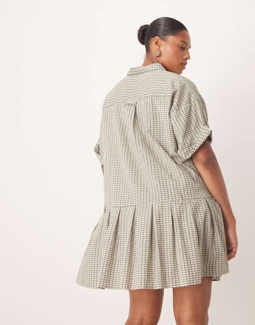 ASOS DESIGN Curve - Vestito camicia corto squadrato monocromatico a quadri con vita scesa, 4 di 4