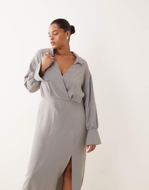 ASOS DESIGN Curve - Vestito camicia grigio drappeggiato con gonna longuette, 2 di 4