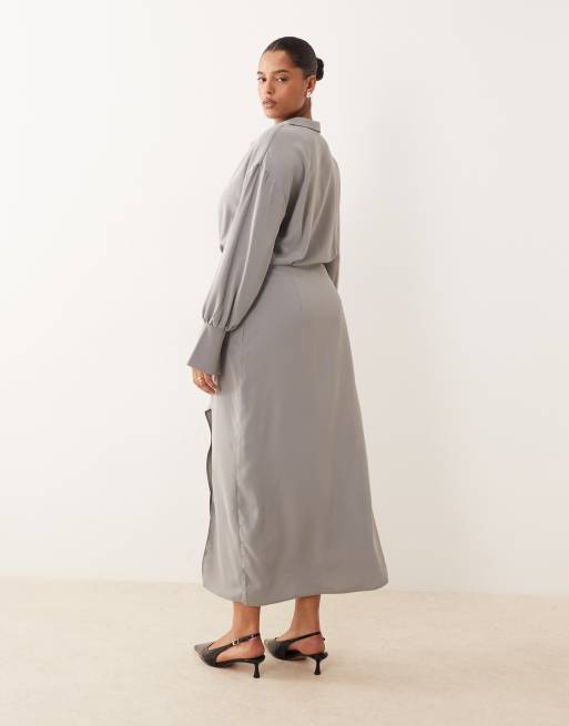 ASOS DESIGN Curve - Vestito camicia grigio drappeggiato con gonna longuette, 3 di 4