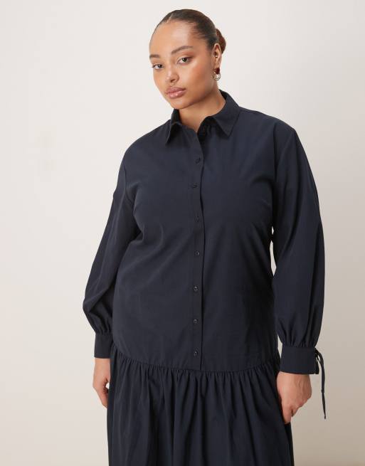 ASOS DESIGN Curve - Vestito camicia lungo a maniche lunghe blu navy con dettagli allacciati