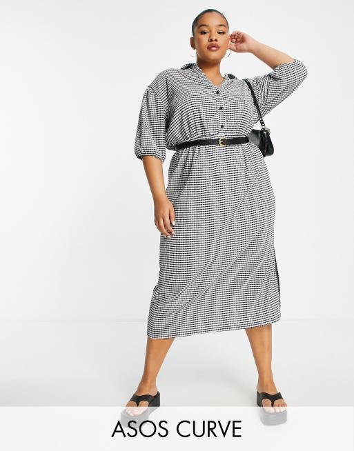 ASOS DESIGN Curve - Vestito camicia midi a maniche corte con cintura bianco e nero a quadri