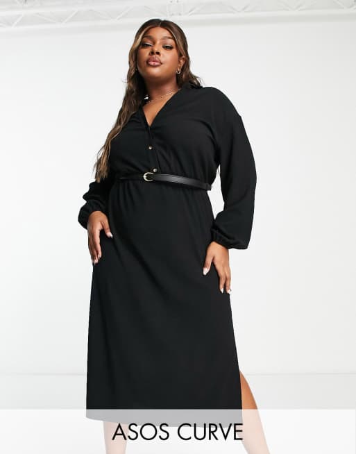 ASOS DESIGN Curve - Vestito camicia midi a maniche lunghe nero con cintura