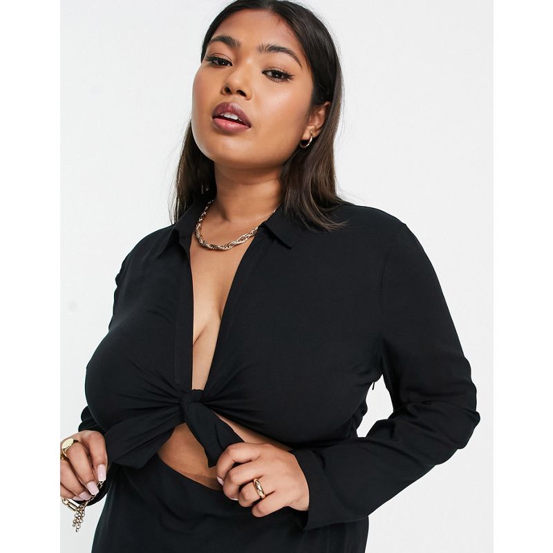 Donna Vestiti longuette DESIGN Curve - Vestito camicia midi con cut-out e nodo sul davanti, colore nero