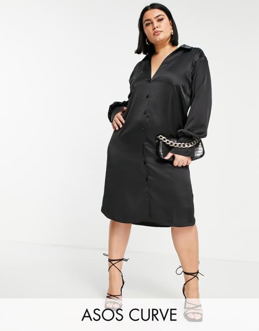 ASOS DESIGN Curve - Vestito camicia midi extra largo in raso con scollo profondo, colore nero