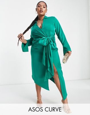 Asos Design Curve - Vestito Camicia Midi In Raso Drappeggiato-Verde
