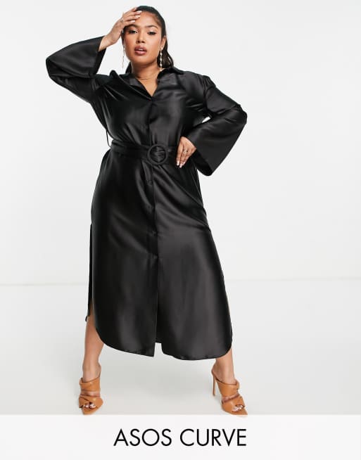 ASOS DESIGN Curve - Vestito camicia midi in raso nero con maniche ampie e cintura