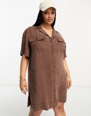 ASOS DESIGN Curve utility pocket shirt dress in chocolate - ASOS Price Checker