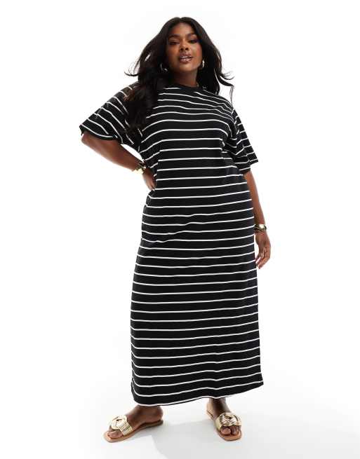 ASOS DESIGN Curve - Vestito camicia oversize con gonna al polpaccio a righe nere e bianche