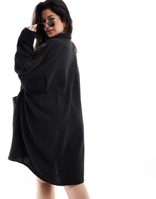 ASOS DESIGN Curve - Vestito camicia oversize in tessuto doppio nero con tasche scese, 3 di 4
