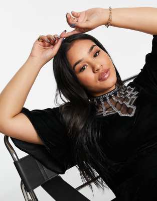 ASOS DESIGN Curve - Vestito con colletto decorato e maniche con volant-Nero  donna Nero - immagine1