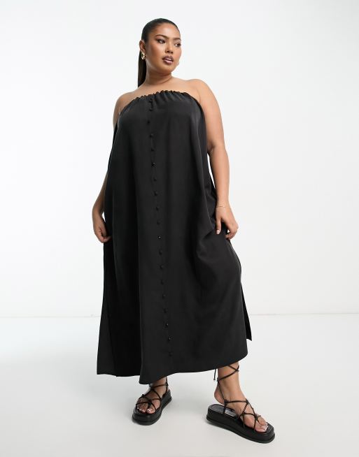 ASOS DESIGN Curve - Vestito con spalline sottili a punto smock midi nero multiposizione con bottoni