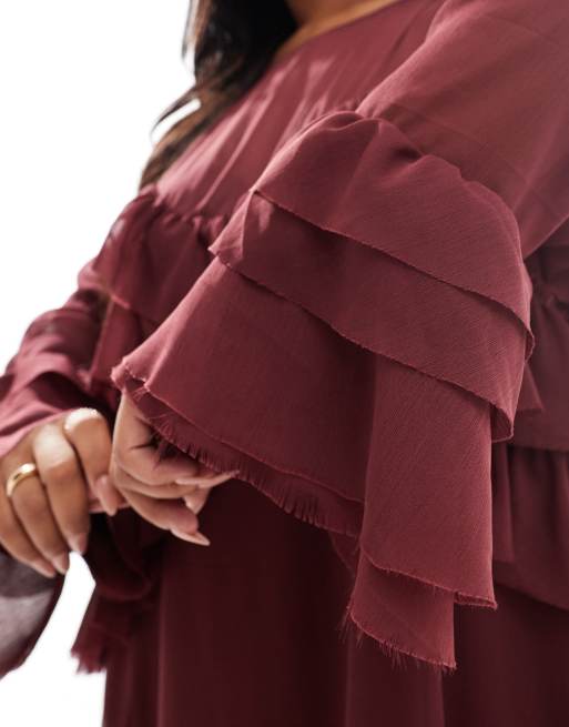 ASOS DESIGN Curve - Vestito corto a balze bordeaux a maniche lunghe con volant, 3 di 4