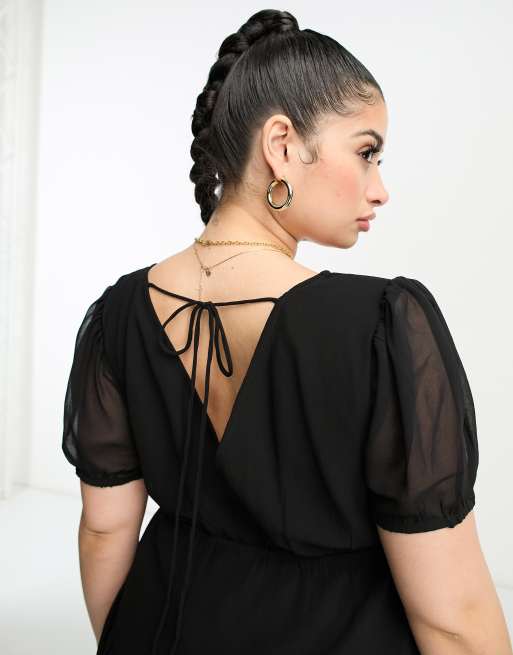 ASOS DESIGN Curve - Vestito corto a maniche corte in chiffon nero con scollo a V, 4 di 4