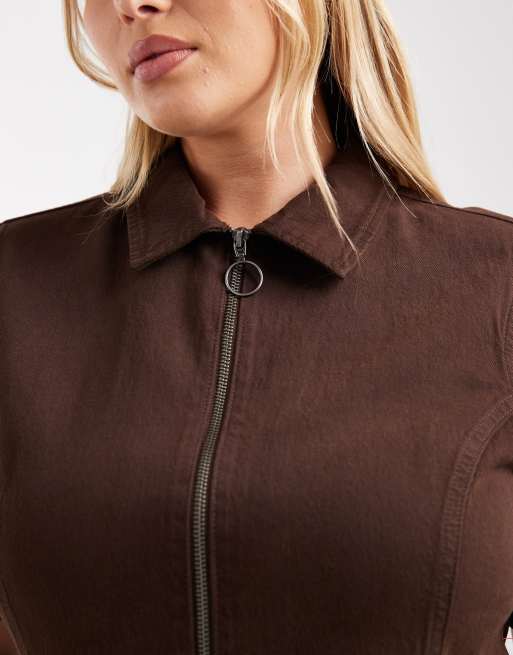 ASOS DESIGN Curve - Vestito corto a maniche corte in denim color cioccolato con zip, 3 di 4