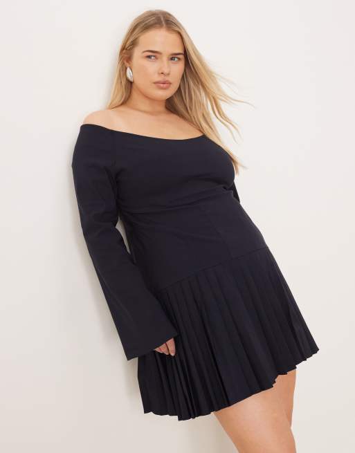 ASOS DESIGN Curve - Vestito corto a maniche lunghe con gonna a pieghe color blu navy