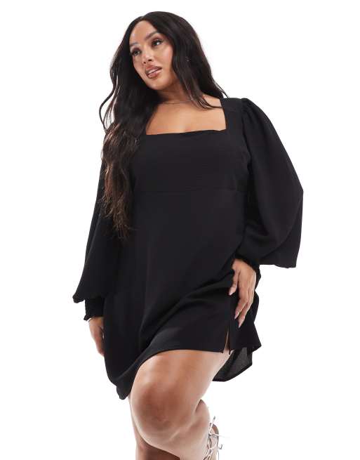 ASOS DESIGN Curve - Vestito corto a maniche lunghe nero allacciato sul retro