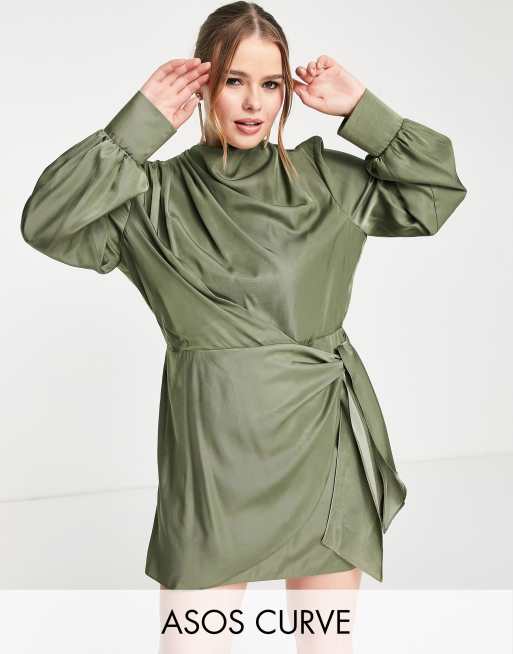 ASOS DESIGN Curve - Vestito corto a pieghe con scollo ad anello e allacciatura sulla gonna, colore verde bosco