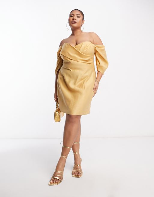   ASOS DESIGN Curve - Vestito corto a pieghe con spalle scoperte e bustino incrociato color pietra slavato