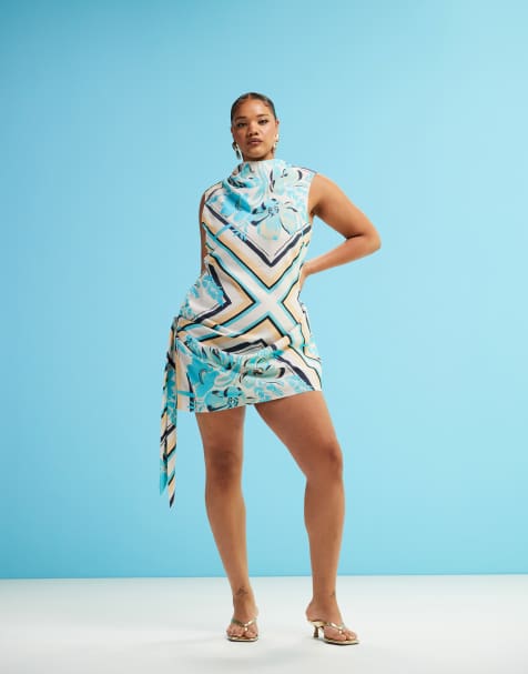 ASOS DESIGN Curve - Vestito corto accollato con dettaglio drappeggiato e stampa stile foulard - view 1