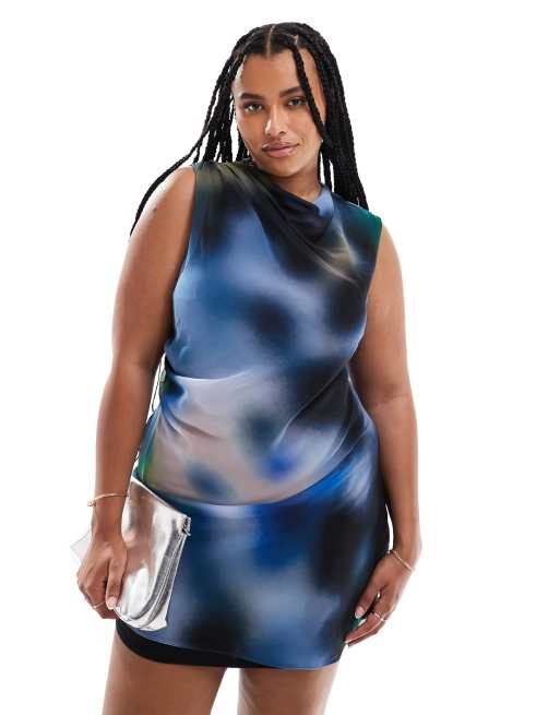 ASOS DESIGN Curve - Vestito corto accollato in chiffon con dettaglio drappeggiato e stampa astratta sfumata