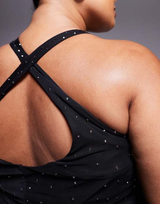 ASOS DESIGN Curve - Vestito corto allacciato al collo nero con scollo rotondo e dettagli applicati a caldo, 3 di 4