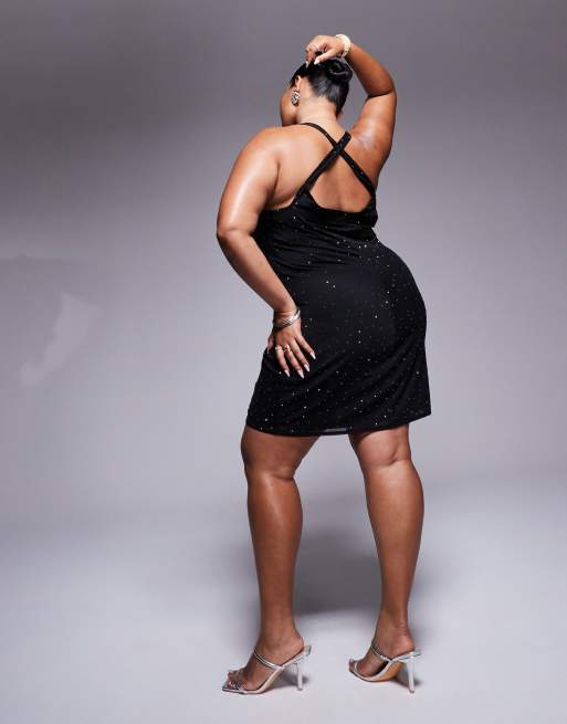 ASOS DESIGN Curve - Vestito corto allacciato al collo nero con scollo rotondo e dettagli applicati a caldo, 4 di 4