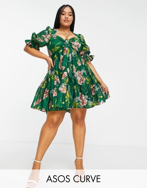 ASOS DESIGN Curve - Vestito corto allacciato sul davanti in voile testurizzato con motivo a fiori art noveau