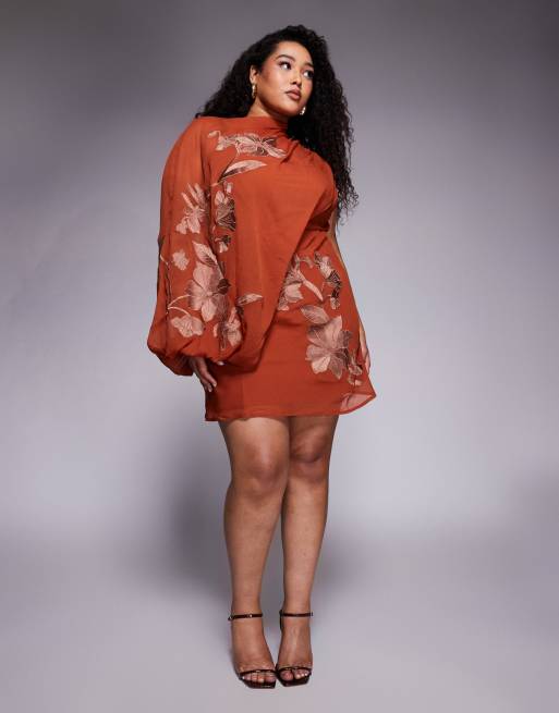 ASOS DESIGN Curve - Vestito corto asimmetrico drappeggiato accollato color ruggine con cut-out e ricamo tono su tono