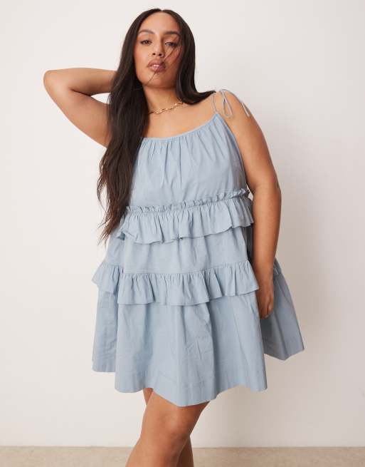 ASOS DESIGN Curve - Vestito corto color blu fumé a balze con volant