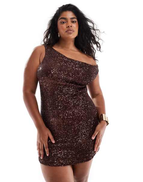 ASOS DESIGN Curve - Vestito corto color cioccolato asimmetrico con paillettes e spalle scoperte - view 1