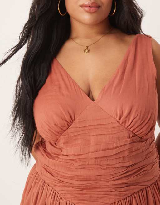 ASOS DESIGN Curve - Vestito corto color terracotta con scollo a V e fondo a punta, 3 di 4