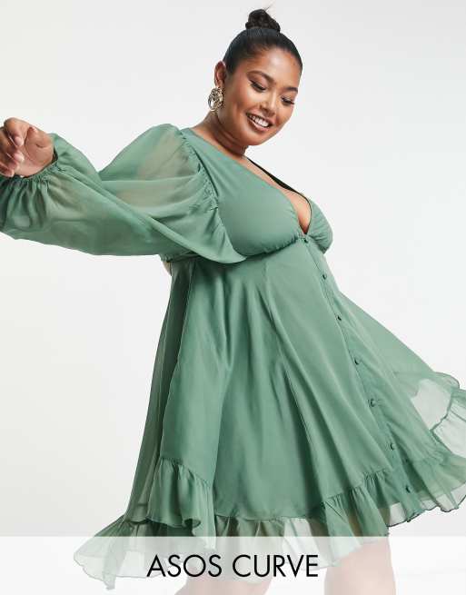 ASOS DESIGN Curve Vestito corto con bottoni e maniche a campana color salvia