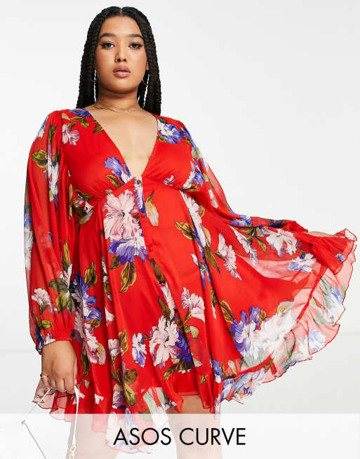 ASOS DESIGN Curve - Vestito corto con bottoni e maniche a campana rosso a fiori