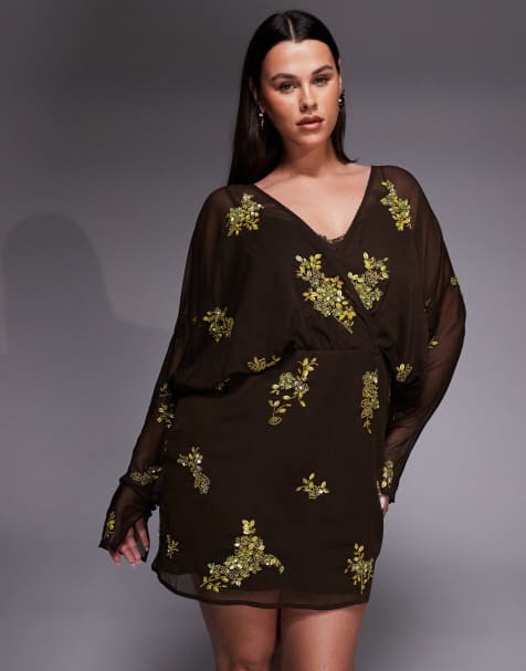 ASOS DESIGN Curve - Vestito corto extra largo sui fianchi decorato con maniche ad ali di pipistrello e canottiera in pizzo color cioccolato e lime - view 1