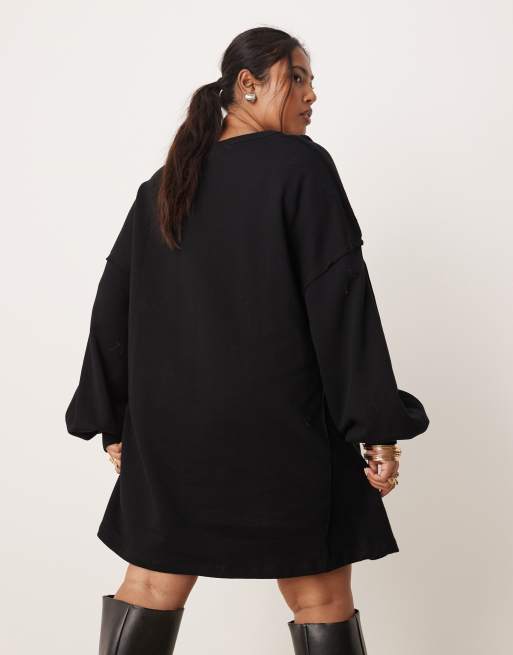 ASOS DESIGN Curve - Vestito corto felpato a trapezio in cotone nero , 3 di 4