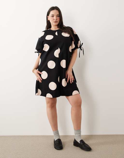 ASOS DESIGN Curve - Vestito corto girocollo a pois con laccio sulle maniche, 2 di 4