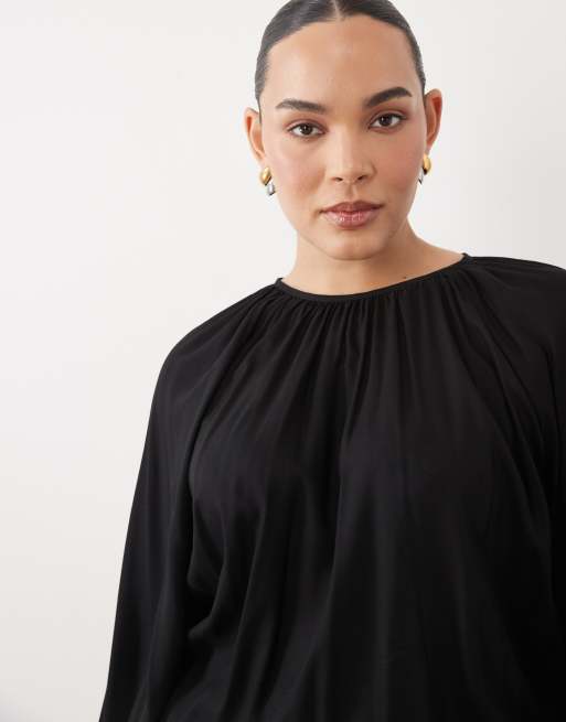 ASOS DESIGN Curve - Vestito corto girocollo nero con gonna arricciata, 3 di 4