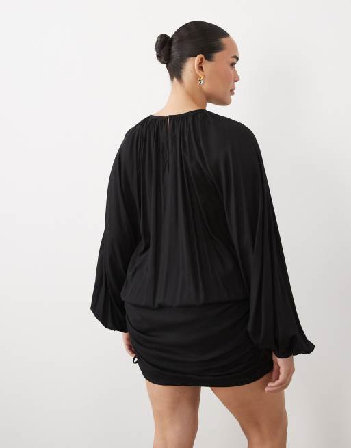 ASOS DESIGN Curve - Vestito corto girocollo nero con gonna arricciata, 4 di 4