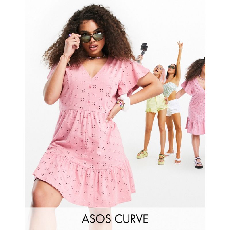 Donna tXSY9 DESIGN Curve - Vestito corto in pizzo con scollo a V, bottoni e fondo a peplo, colore rosa