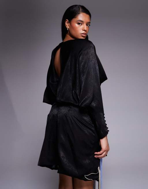 ASOS DESIGN Curve - Vestito corto in raso nero ricamato con frange, 2 di 4