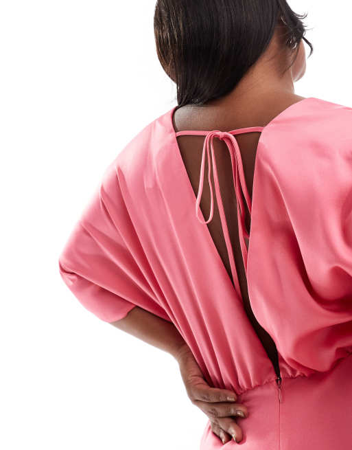 ASOS DESIGN Curve - Vestito corto in raso rosa con maniche ad ali di pipistrello, 4 di 4