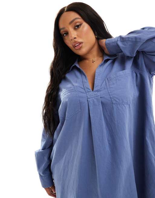 ASOS DESIGN Curve - Vestito corto in twill di cotone con tasca e fondo grezzo in denim blu, 4 di 4